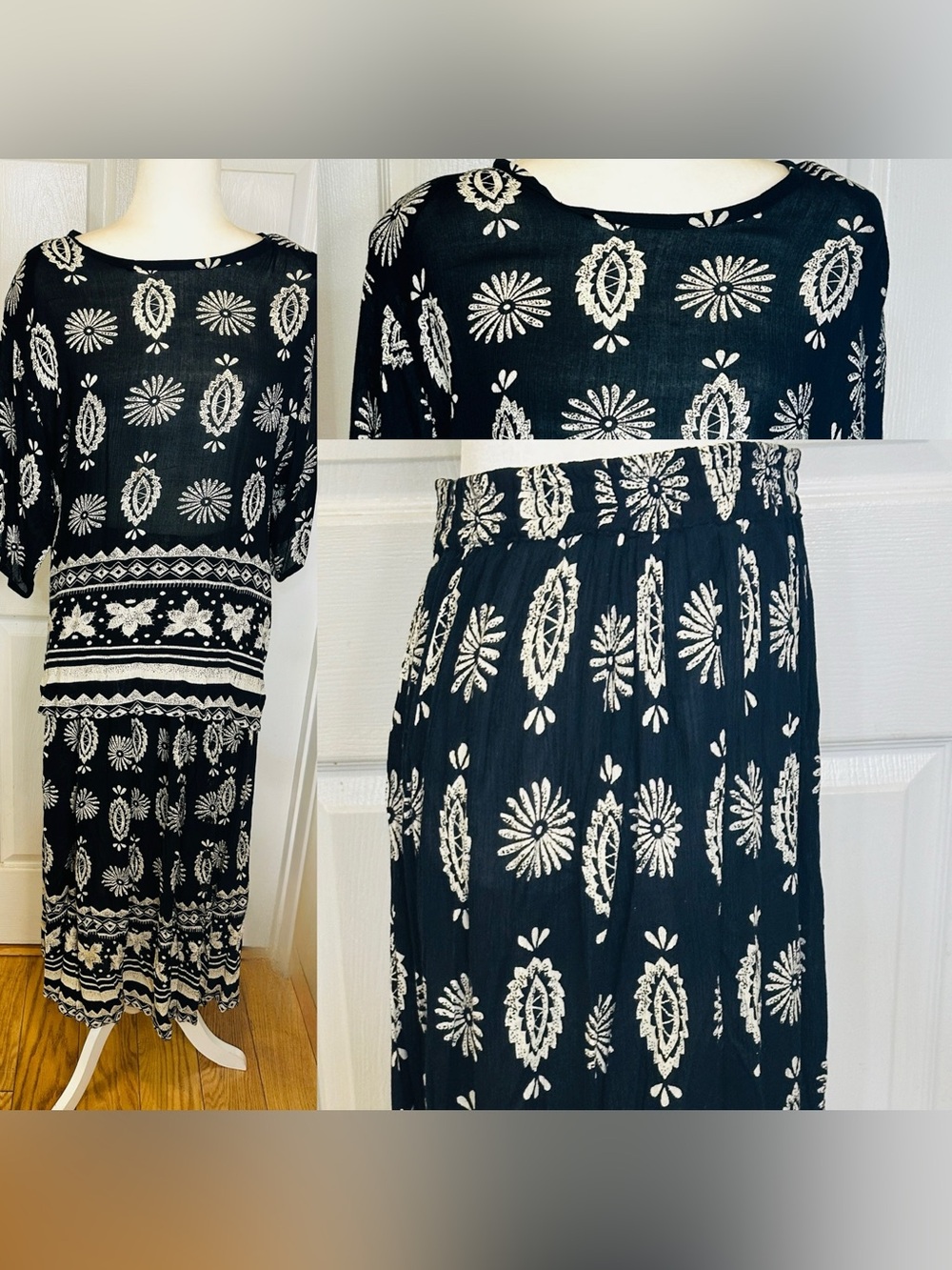 Exclusif By Whispers Skirt Blouse Flowy Comfy 2-Piece Boho Black White Medium